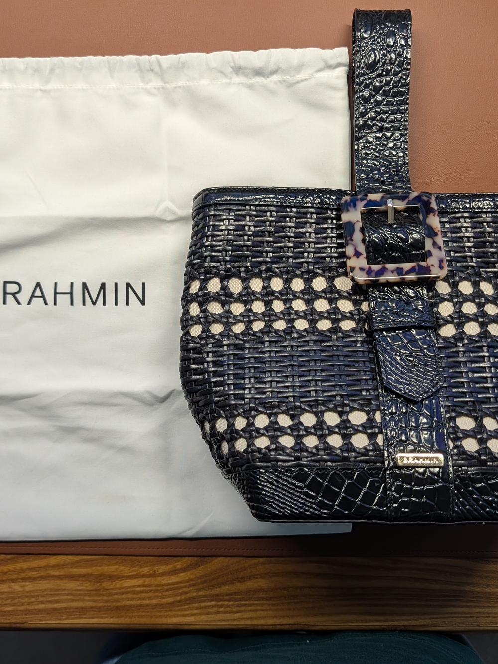Brahmin Black Woven Croc-Embossed Bucket Bag